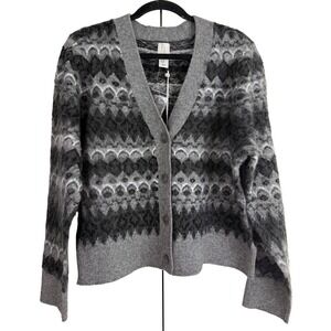 Joie Women's Grey Nordic Fair Isle Fuzzy Knit Button Front Cardigan Sweater XL
